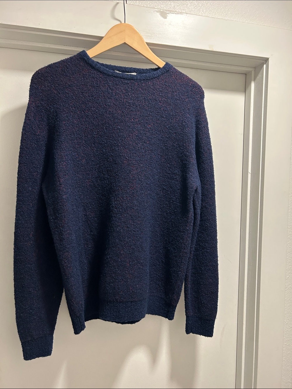 Vintage Yves Saint Laurent Navy Blue on Red Bouclé Wool Crewneck Sweater